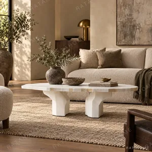 Pushi Rough-Hewn Pale Stone Dining Table in oatmeal — in a room setting