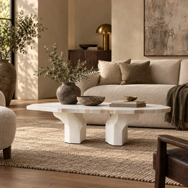 Pushi Rough-Hewn Pale Stone Dining Table in oatmeal — in a room setting