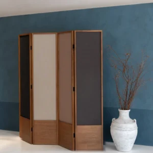Puyu Solid Wood Folding Screen with Two-Tone Fabric Panels in oatmeal — front view