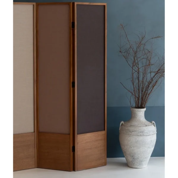 Puyu Solid Wood Folding Screen with Two-Tone Fabric Panels in oatmeal — in a room setting