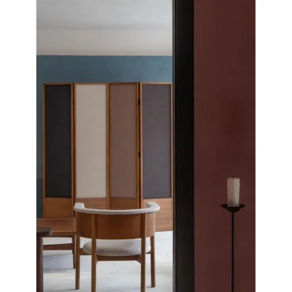 Puyu Solid Wood Folding Screen with Two-Tone Fabric Panels in oatmeal — in a room setting