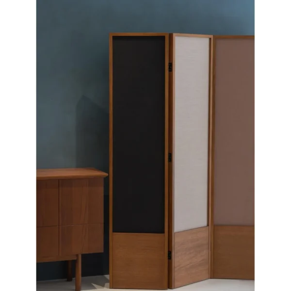 Puyu Solid Wood Folding Screen with Two-Tone Fabric Panels in oatmeal — in a room setting