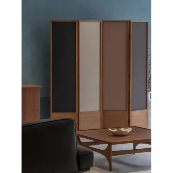 Puyu Solid Wood Folding Screen with Two-Tone Fabric Panels in oatmeal — in a room setting
