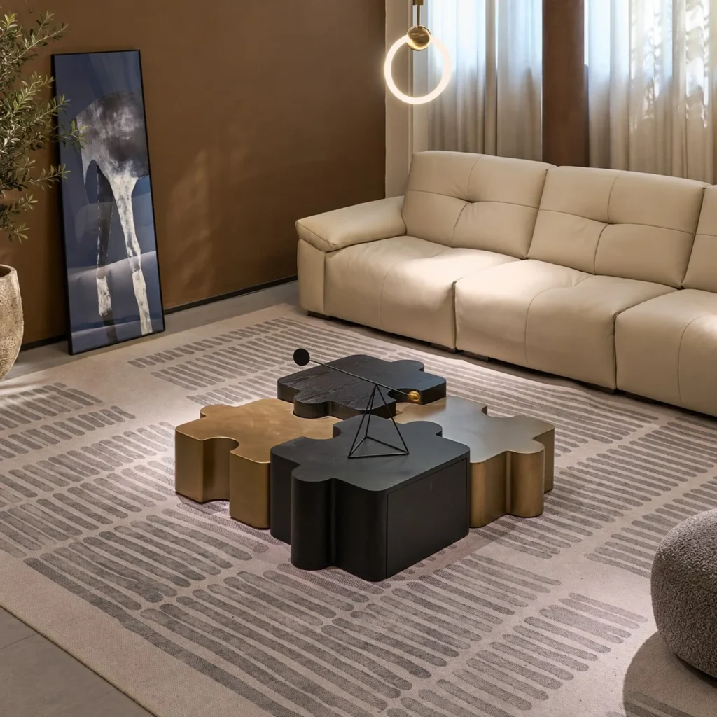 Modular Puzzle Coffee Table in Brass and Dark Wood — front view