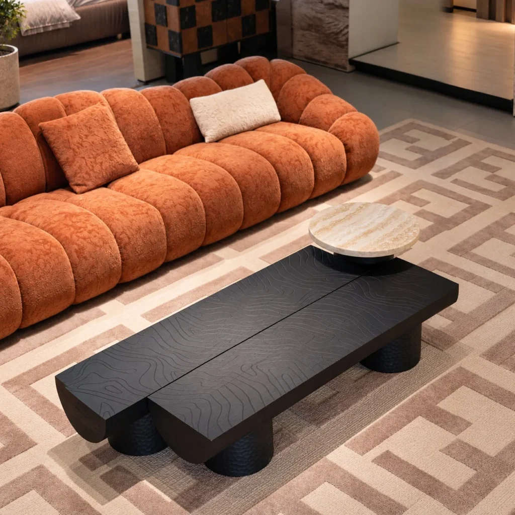 Charcoal Contour-Carved Strip Coffee Table Set, 145 cm in black — front view