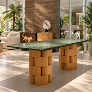 Indian Green Stone Dining Table on Woven Ash Column Legs in olive — front view