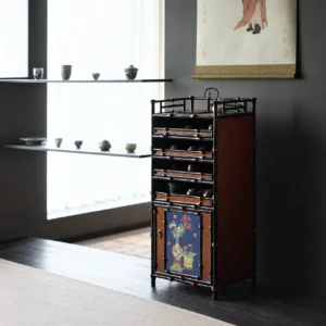Qingyu Bamboo Apothecary Cabinet with Painted Floral Doors in black — front view