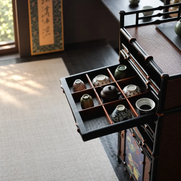 Qingyu Bamboo Apothecary Cabinet with Painted Floral Doors in black — in a room setting