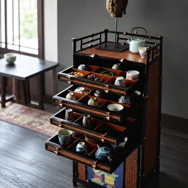 Qingyu Bamboo Apothecary Cabinet with Painted Floral Doors in black — in a room setting