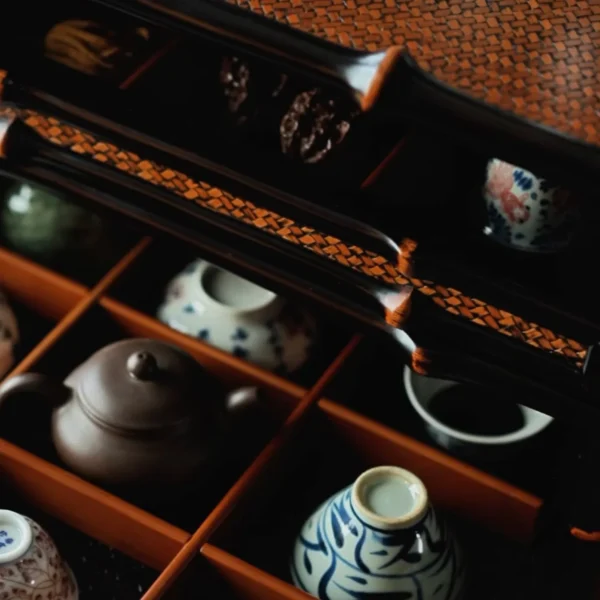 Qingyu Bamboo Apothecary Cabinet with Painted Floral Doors in black — detail