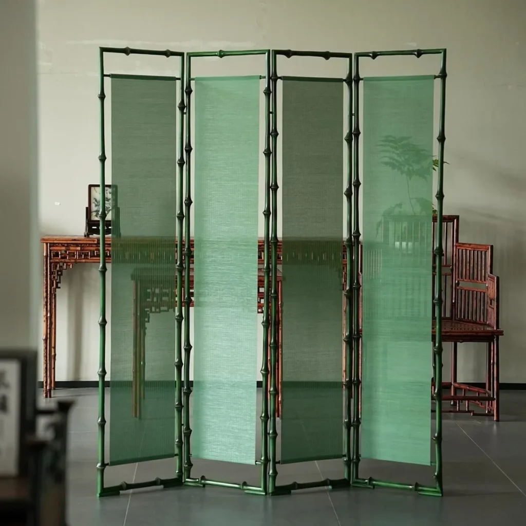 Qingyun Green Bamboo Four-Panel Folding Screen in olive — front view