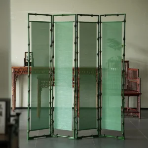 Qingyun Green Bamboo Four-Panel Folding Screen in olive — front view