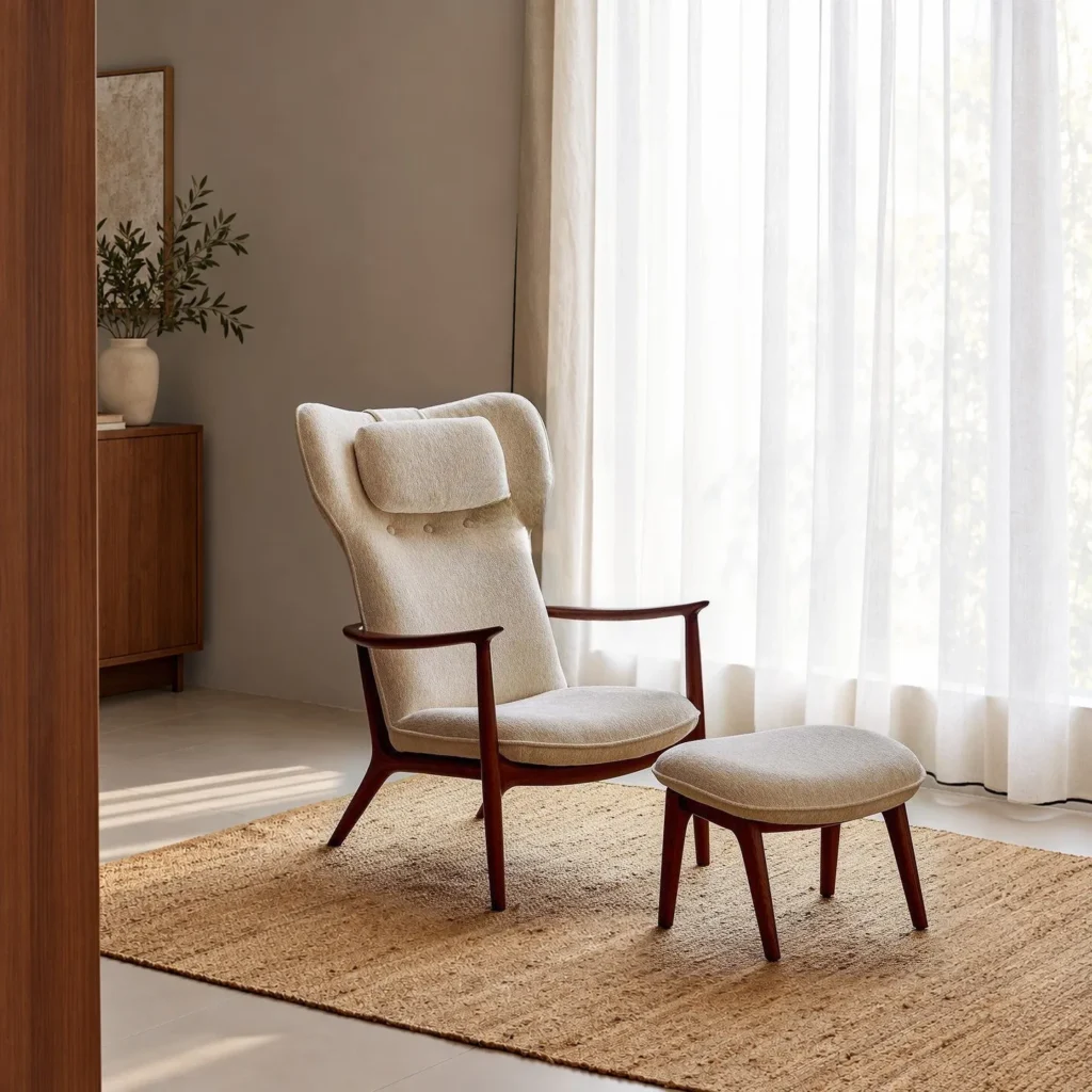 Qiyan Eaves Wingback Lounge Chair with Ottoman in Cream Wool — front view