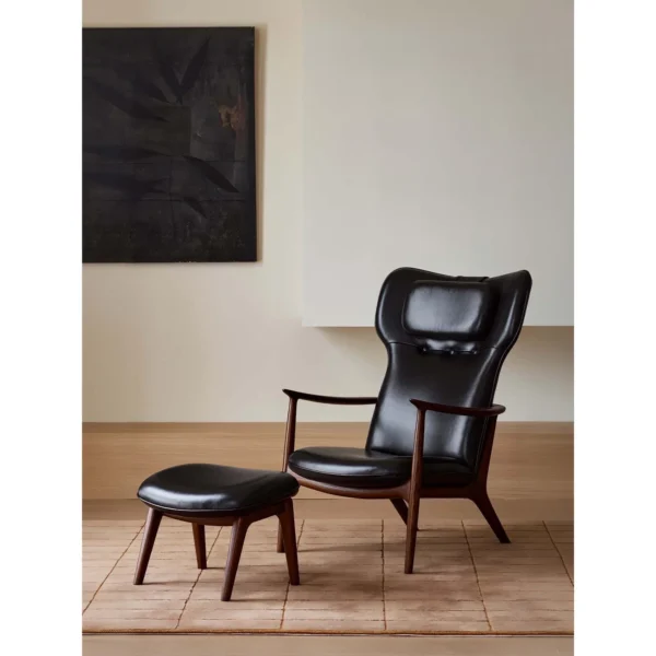 Qiyan Eaves Wingback Lounge Chair with Ottoman in Cream Wool — in a room setting