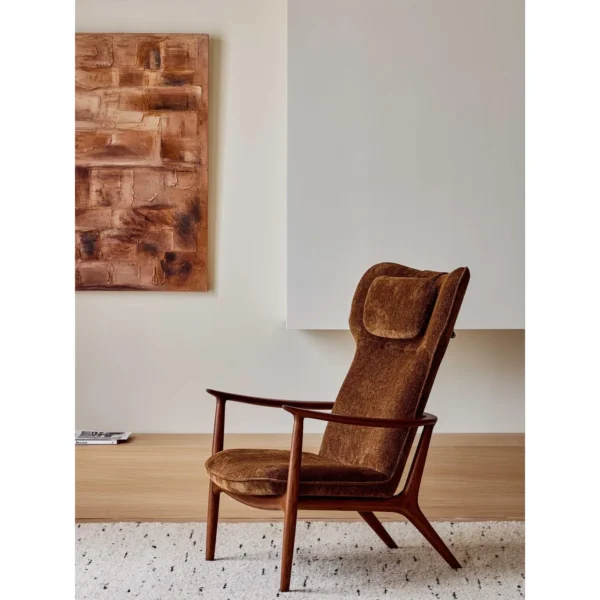 Qiyan Eaves Wingback Lounge Chair with Ottoman in Cream Wool — in a room setting