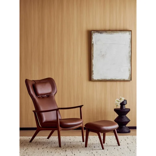 Qiyan Eaves Wingback Lounge Chair with Ottoman in Cream Wool — in a room setting