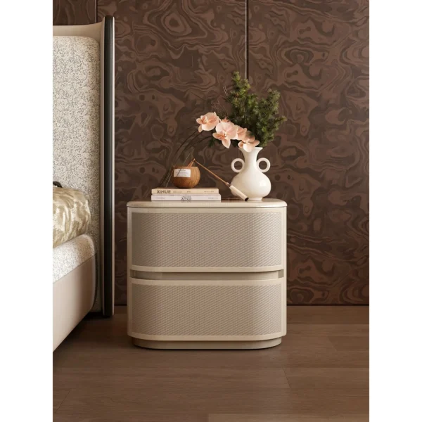 Qiyu Rounded Nightstand in Embossed Leather and Maple — in a room setting
