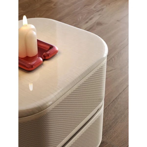 Qiyu Rounded Nightstand in Embossed Leather and Maple — in a room setting