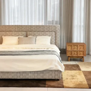 Slim Curved Headboard Bed in Patterned Linen — front view