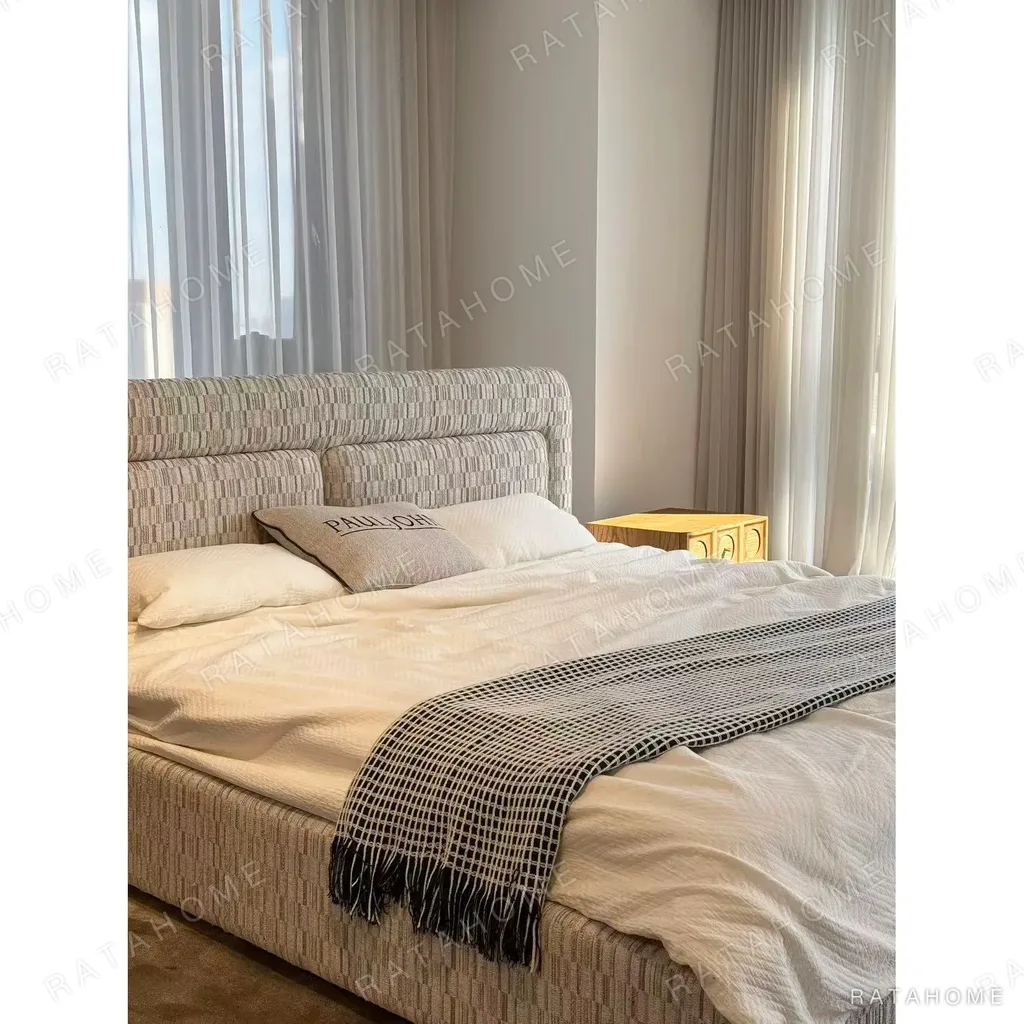 Slim Curved Headboard Bed in Patterned Linen — in a room setting
