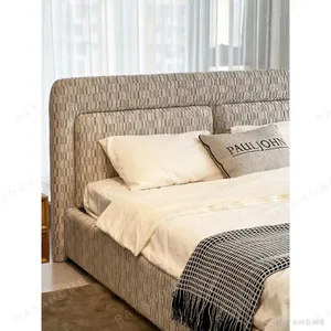 Slim Curved Headboard Bed in Patterned Linen — in a room setting