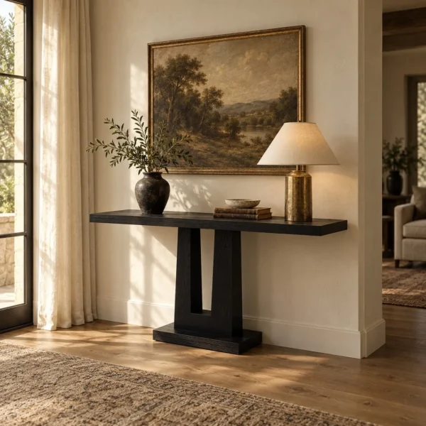 Garien Charred Black Oak Console Table in black — in a room setting