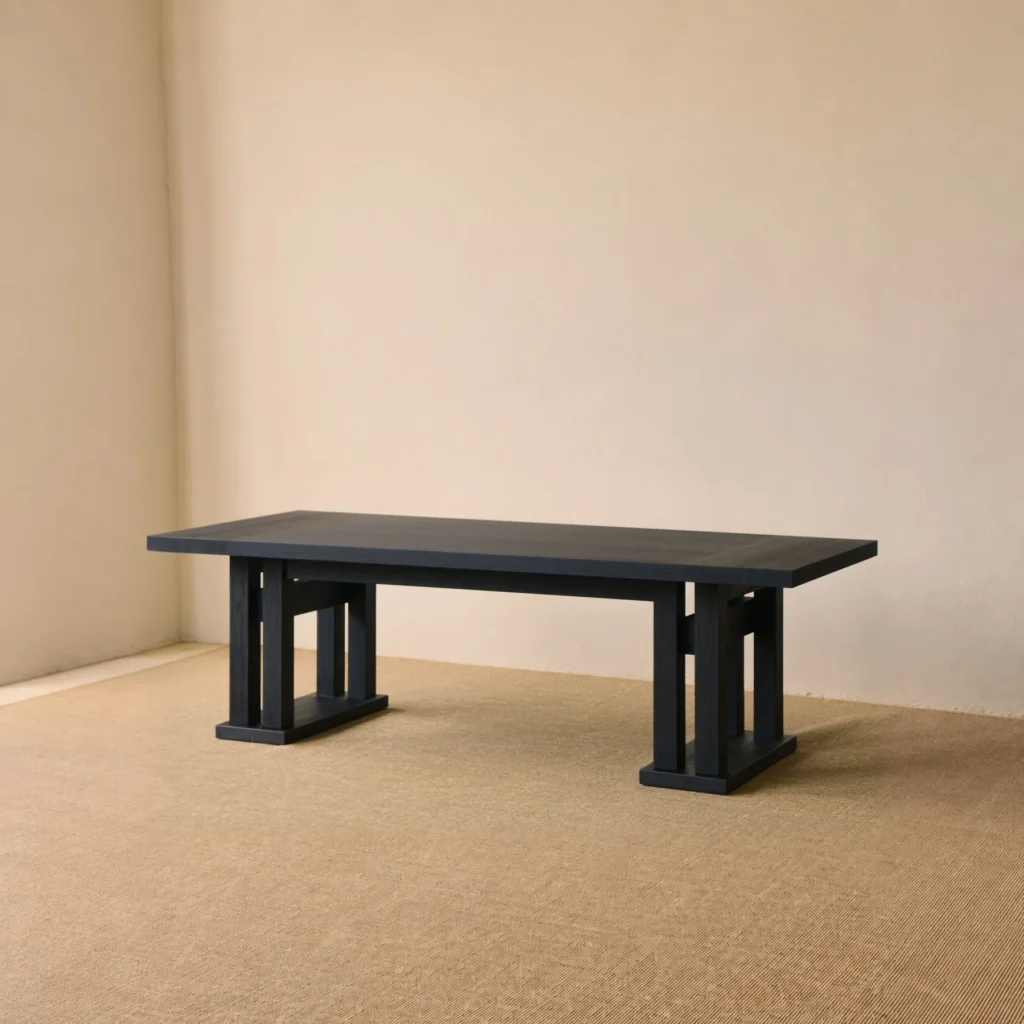 Matte Black Oak Dining Table on Multi-Post Base in black — front view