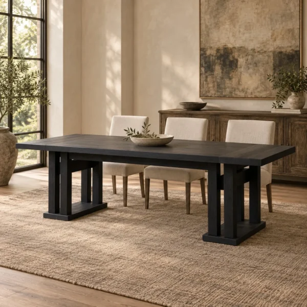 Matte Black Oak Dining Table on Multi-Post Base in black — in a room setting