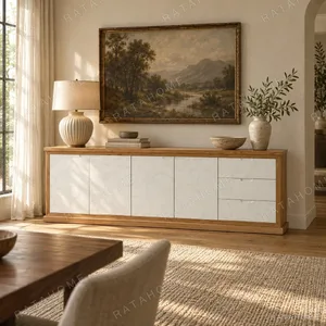 Garien Charred Oak Console Sideboard with Stone Doors in black — in a room setting