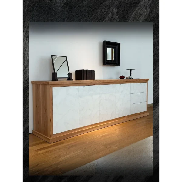Garien Charred Oak Console Sideboard with Stone Doors in black — in a room setting