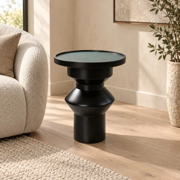 Quiet Pond Black Turned Side Table with Green Tray Top in black — in a room setting