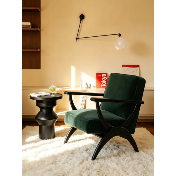Quiet Pond Black Turned Side Table with Green Tray Top in black — in a room setting