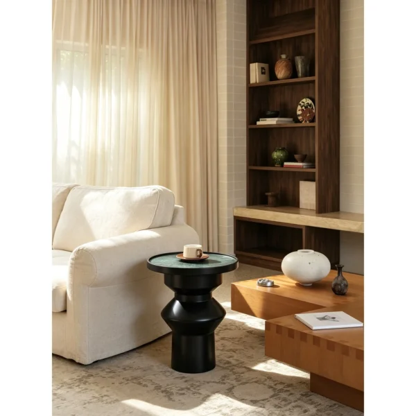 Quiet Pond Black Turned Side Table with Green Tray Top in black — in a room setting