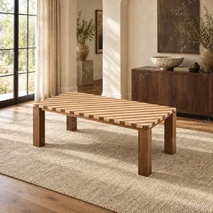 Diagonal Striped Solid Wood Dining Table in natural oak — in a room setting