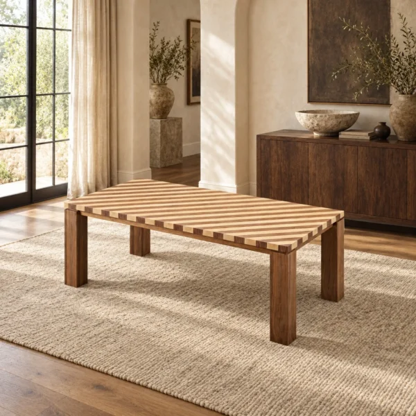 Diagonal Striped Solid Wood Dining Table in natural oak — in a room setting