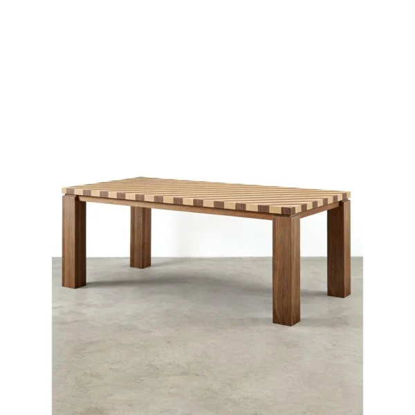 Diagonal Striped Solid Wood Dining Table in natural oak — in a room setting