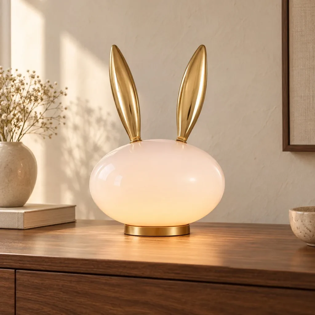 Rabbit Opal Glass Table Lamp with Brass Ears in ivory — front view