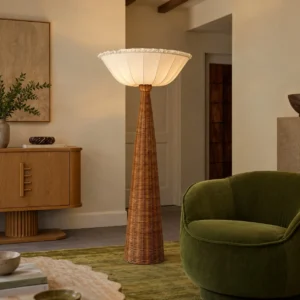 Rattan Cone Floor Lamp with Scalloped Bowl Shade in clay — front view