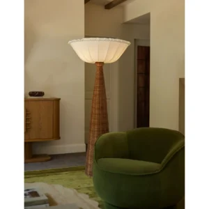 Rattan Cone Floor Lamp with Scalloped Bowl Shade in clay — in a room setting