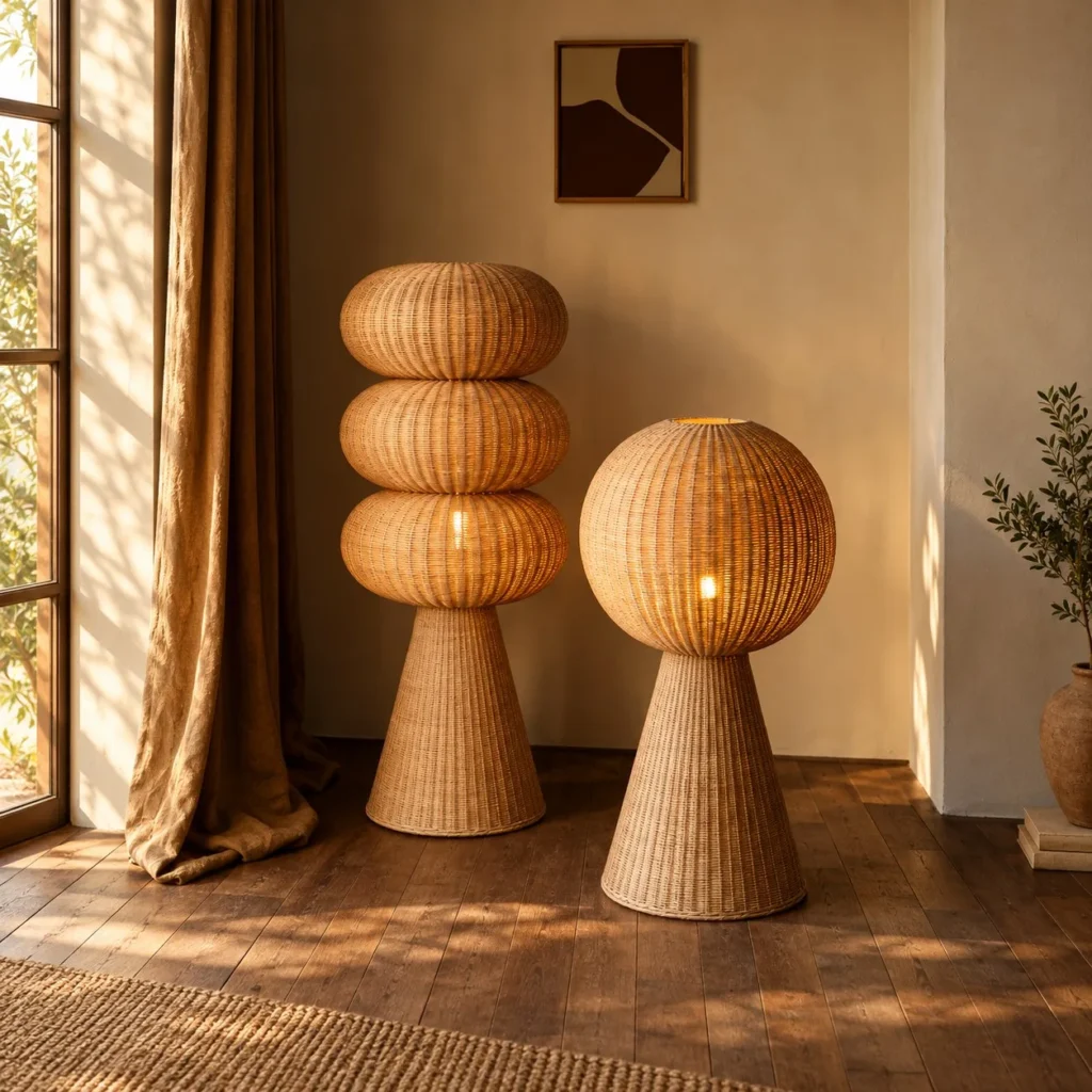 Hand-Woven Rattan Globe Floor Lamps, Single or Triple Stack in clay — front view