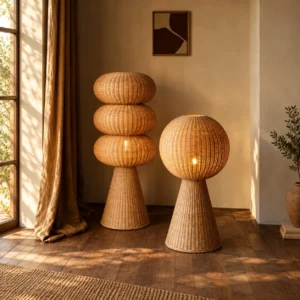 Hand-Woven Rattan Globe Floor Lamps, Single or Triple Stack in clay — front view