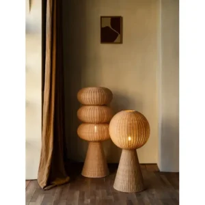 Hand-Woven Rattan Globe Floor Lamps, Single or Triple Stack in clay — in a room setting