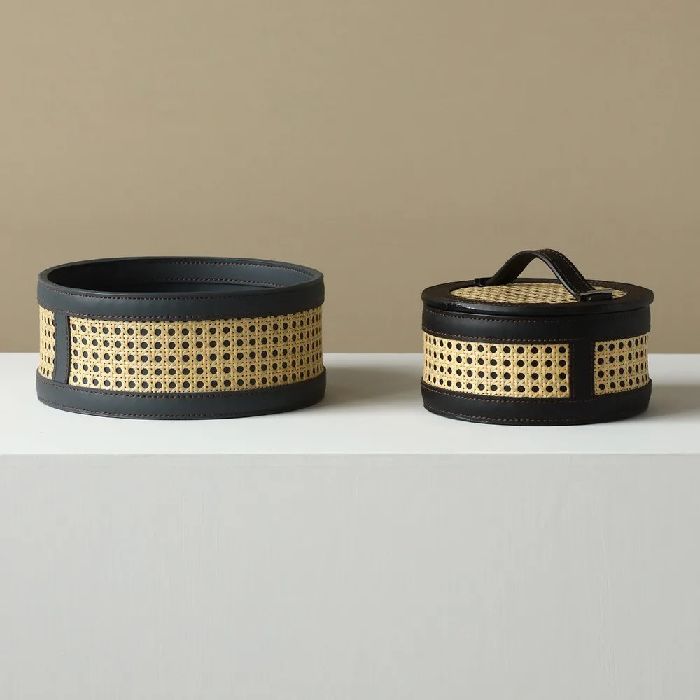 Rattan Cane and Leather Round Storage Box Set in black — front view