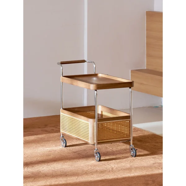Rattan and Walnut Two-Tier Bar Cart on Chrome Frame in walnut — in a room setting