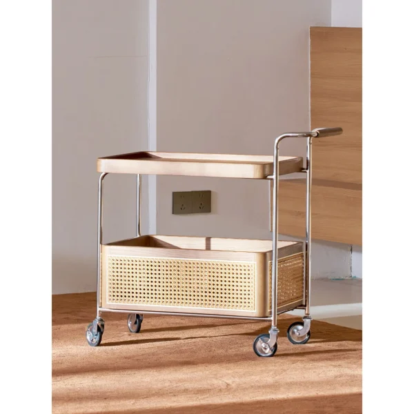 Rattan and Walnut Two-Tier Bar Cart on Chrome Frame in walnut — in a room setting