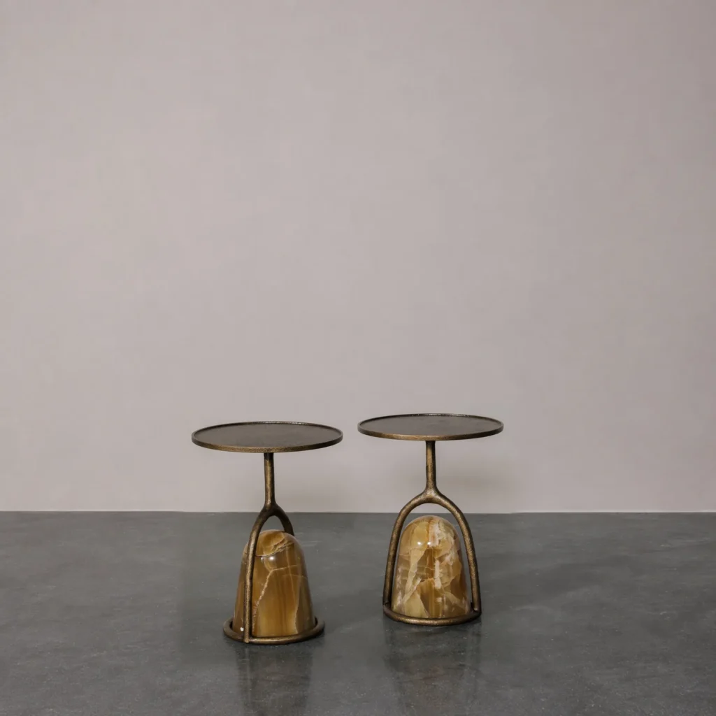 Bronze Basket Side Tables with Amber Agate Base, Pair in bronze — front view