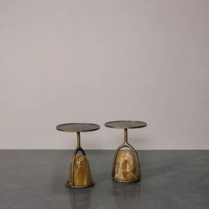 Bronze Basket Side Tables with Amber Agate Base, Pair in bronze — front view