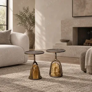 Bronze Basket Side Tables with Amber Agate Base, Pair in bronze — in a room setting