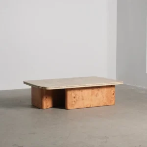 Raw Travertine and Burl Coffee Table Pair, 140 x 90 cm in oatmeal — front view