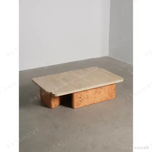 Raw Travertine and Burl Coffee Table Pair, 140 x 90 cm in oatmeal — in a room setting